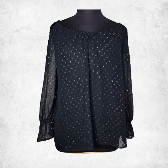 Lane Bryant Black Sheer Blouse 14/16 – Plus Size Metallic Dot Long Sleeve Top - Picture 4 of 6